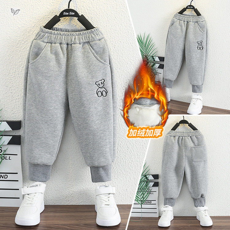 童秋冬加绒小熊裤子冬装儿童一体绒休闲卫裤中小童束脚长裤孩，童装裤子，祺儿童装