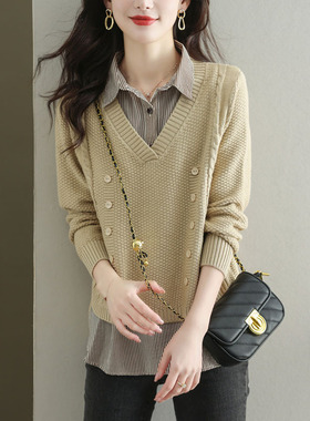 Knitted top shirt collar sweater autumn shirt 女假两件针织衫