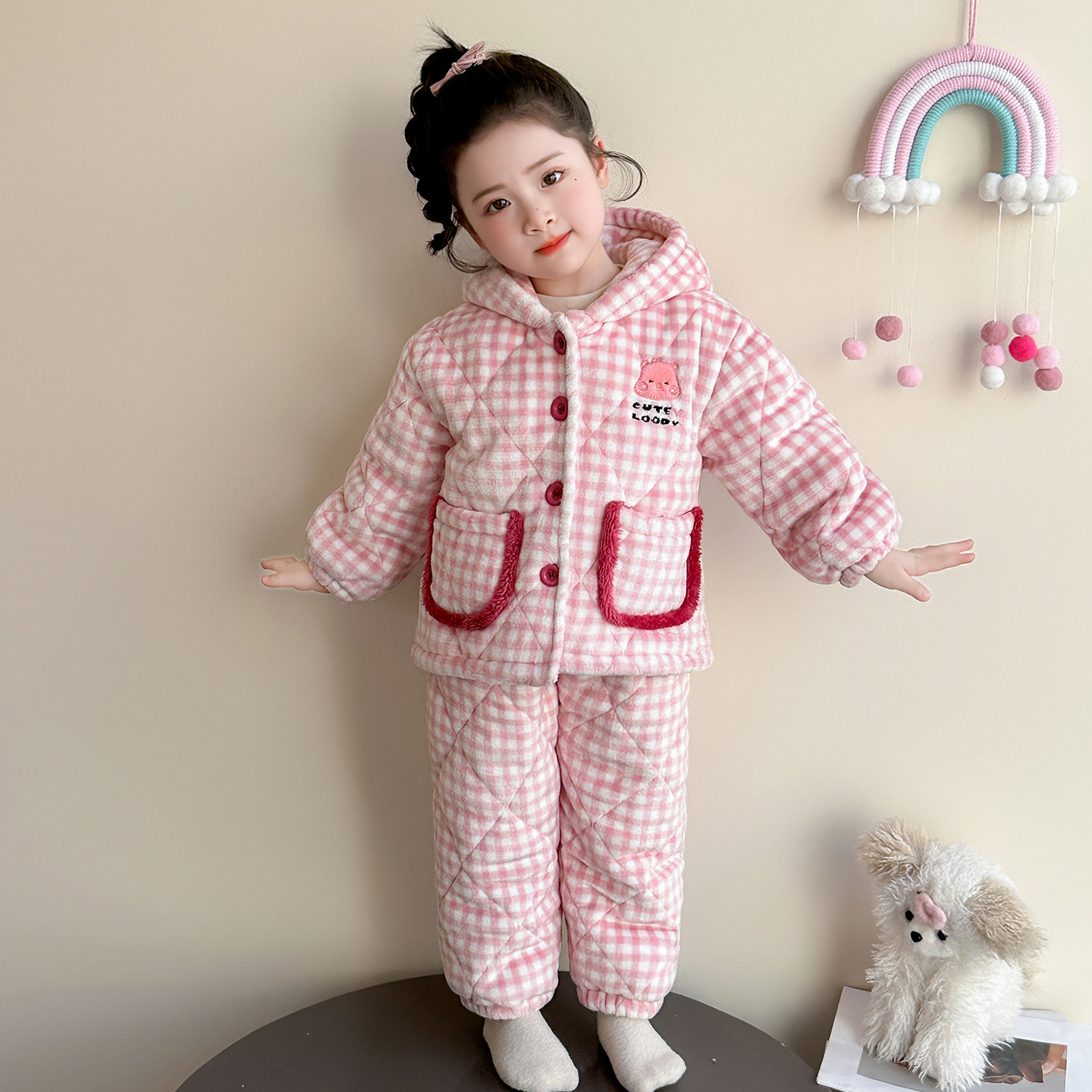 女童三层夹棉睡衣秋冬季2025新款女孩加绒加厚儿童冬款家居服P104，童装家居服（睡衣），祺妙童装