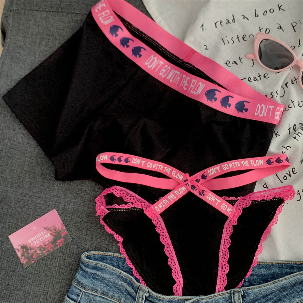黑粉情侣内裤*甜辣性感交叉绑带一一女夏季中腰内裤2024新款