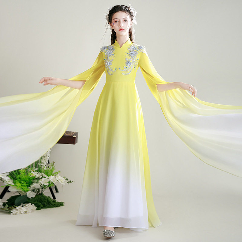 儿童礼服大合唱演出服中国风连衣裙舞蹈飘逸服装渐变黄色女童汉服