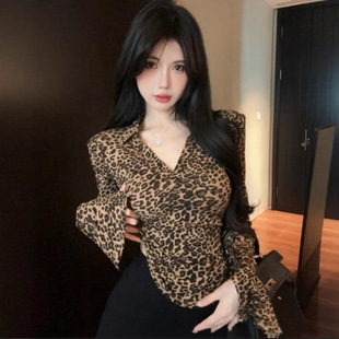 ins纯欲性感豹纹polo领长袖上衣女春秋辣妹夜店紧身打底衫女T恤潮