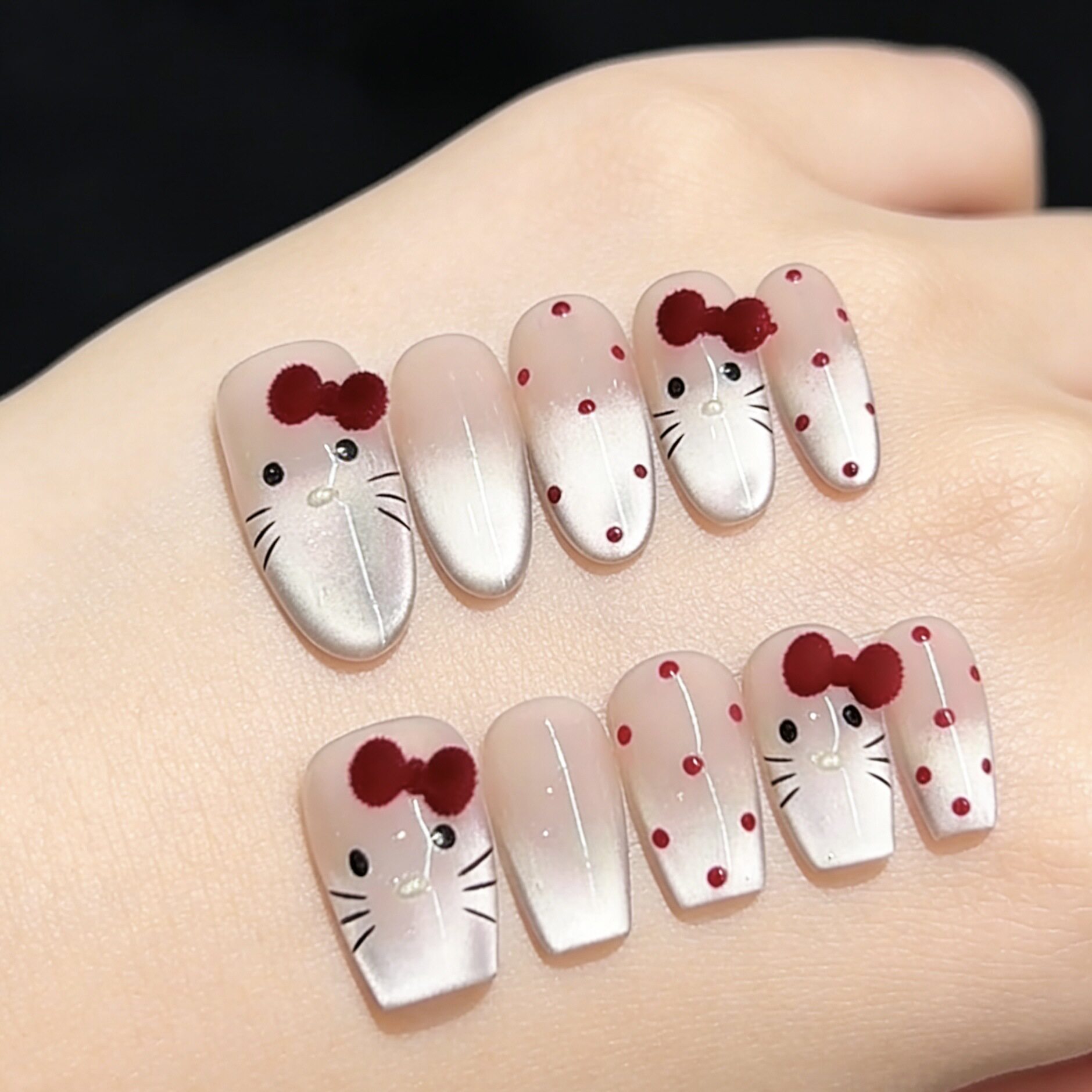 奈姿 纯手工光疗穿戴甲秋冬款丝绒KT猫成品重复使用美甲贴片