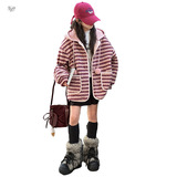 女童秋冬加厚外套2025新款针织拼接条纹毛毛衣中大童可爱毛球开衫，童装外套，祺儿童装