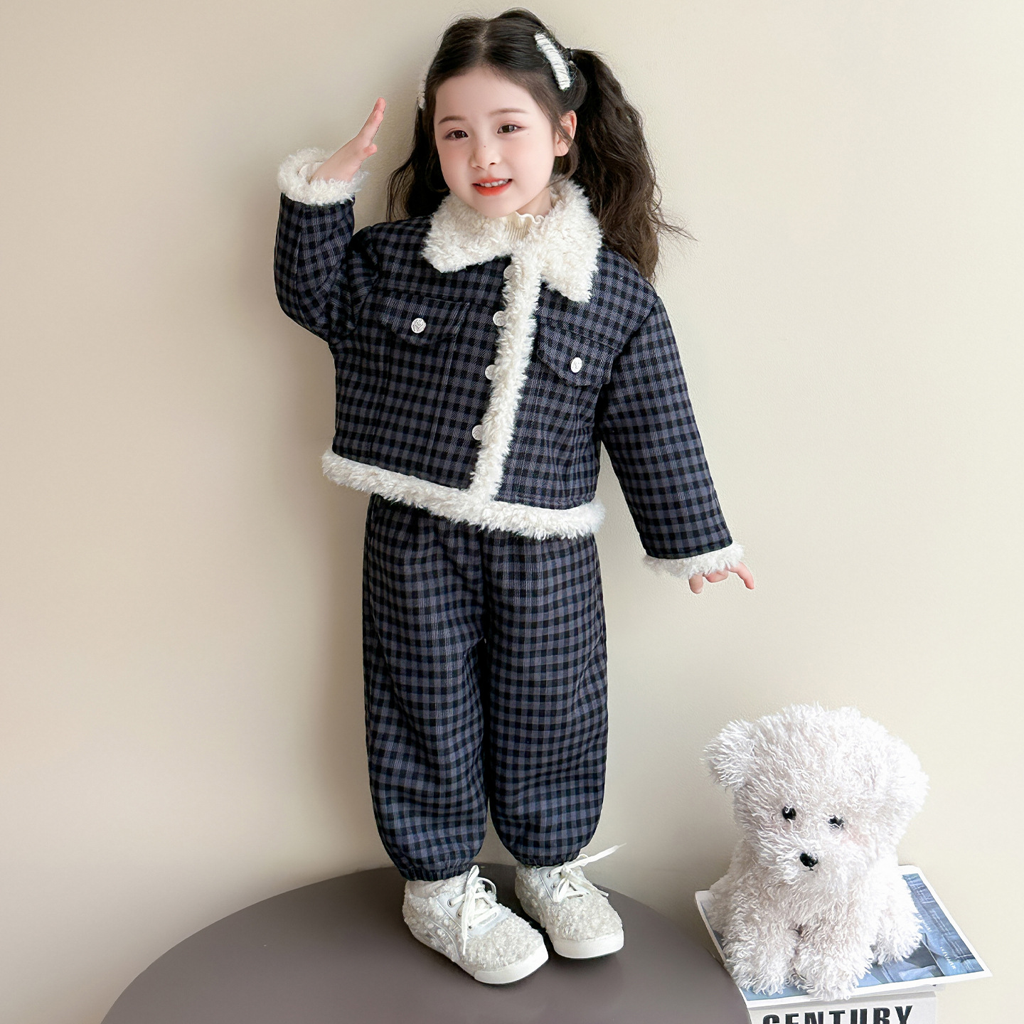 女童加绒套装秋冬2025新款韩版儿童毛毛外套加厚冬装休闲衣服P98，童装休闲套装，祺妙童装