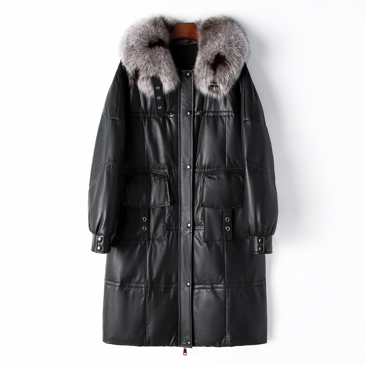 憨厚皇后冬季新款2023狐狸毛领真皮绵羊皮鹅绒服外套皮羽绒大衣