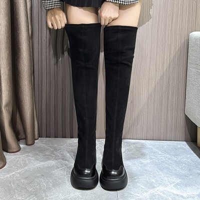 大筒围长筒靴女大码跟厚底弹力靴胖mm粗腿加宽脚绒面过膝长靴女