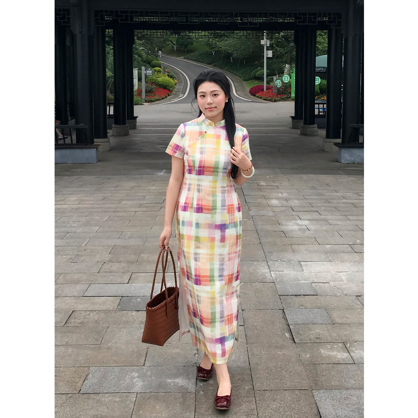新中式民国风复古彩色格子裙旗袍