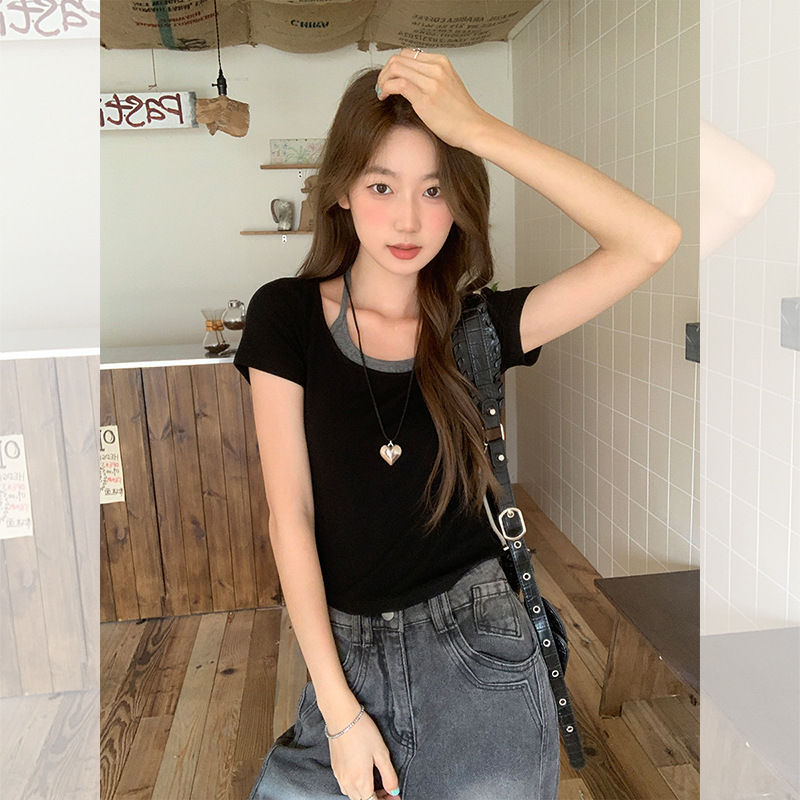 学院风假两件正肩短袖t恤女2025夏季新款修身显瘦独特绝美小上衣