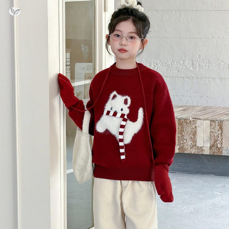 女童加厚毛衣2025年秋冬新款中大童卡通针织衫可爱内搭上衣打底衫，童装毛衣，祺儿童装