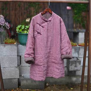 半城原创设计冬色织亚麻加厚棉手工缝线中长款 棉衣大口袋棉服棉袄