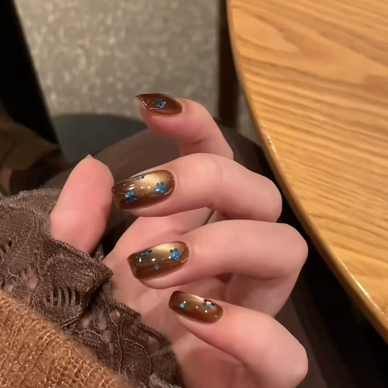 纯手工穿戴甲小花纸金色铂金蓝复古百搭小花金属质感可拆卸美甲贴