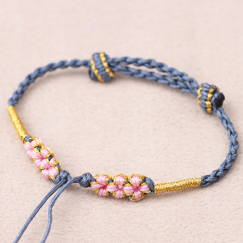 四股辫桃花手链可穿转运珠黄金小吊坠平安扣可调节无需自编手链绳