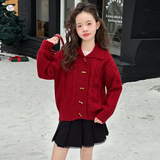 女童加厚毛衣外套2025年秋冬新款牛角扣翻领针织开衫中大童新年服，童装毛衣，祺儿童装
