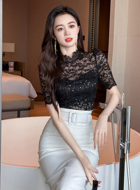 洋气蕾丝打底衫女夏2025新款半领修身紫色T恤显瘦百搭上衣20463