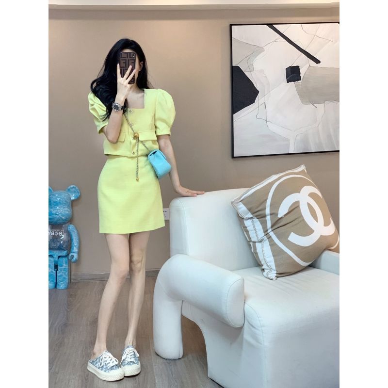 级感套装女夏季新款小香风时尚名媛气质洋气泡泡袖包臀裙两件套