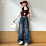 女童2025年冬季新款花朵小爱心牛仔裤女大童喷色美式复古阔腿裤潮，童装裤子，祺儿童装