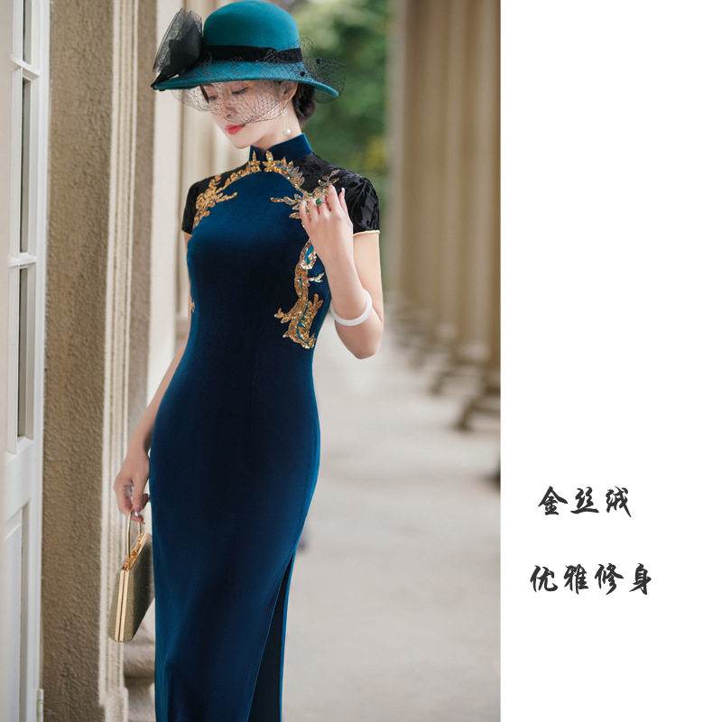 金丝绒旗袍夏季新款复古改良开叉气质修身新中式连衣裙演出礼服
