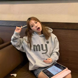 设计感小众灰色 胖mm美式 复古连帽大码 卫衣女秋冬季 宽松慵懒风帽衫