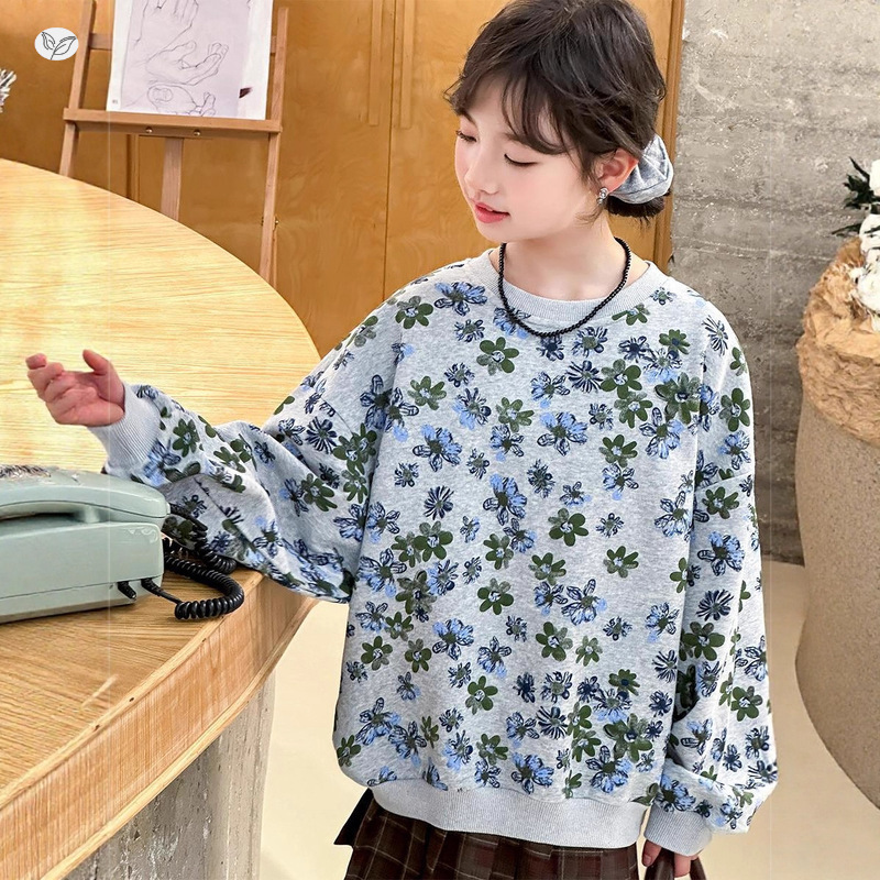 女童卫衣春秋款2025新款碎花圆领套头衫中大童小清新外穿上衣儿童，童装卫衣/绒衫，祺儿童装