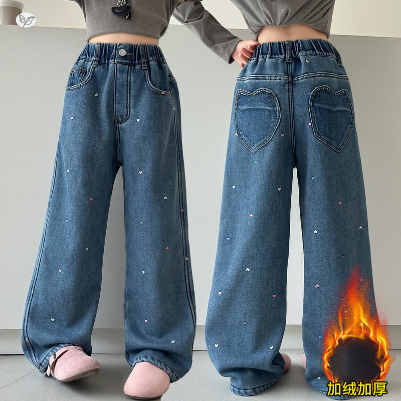 女童秋冬加绒牛仔裤2025年新款彩色爱心刺绣阔腿裤中大童直筒长裤，童装裤子，祺儿童装