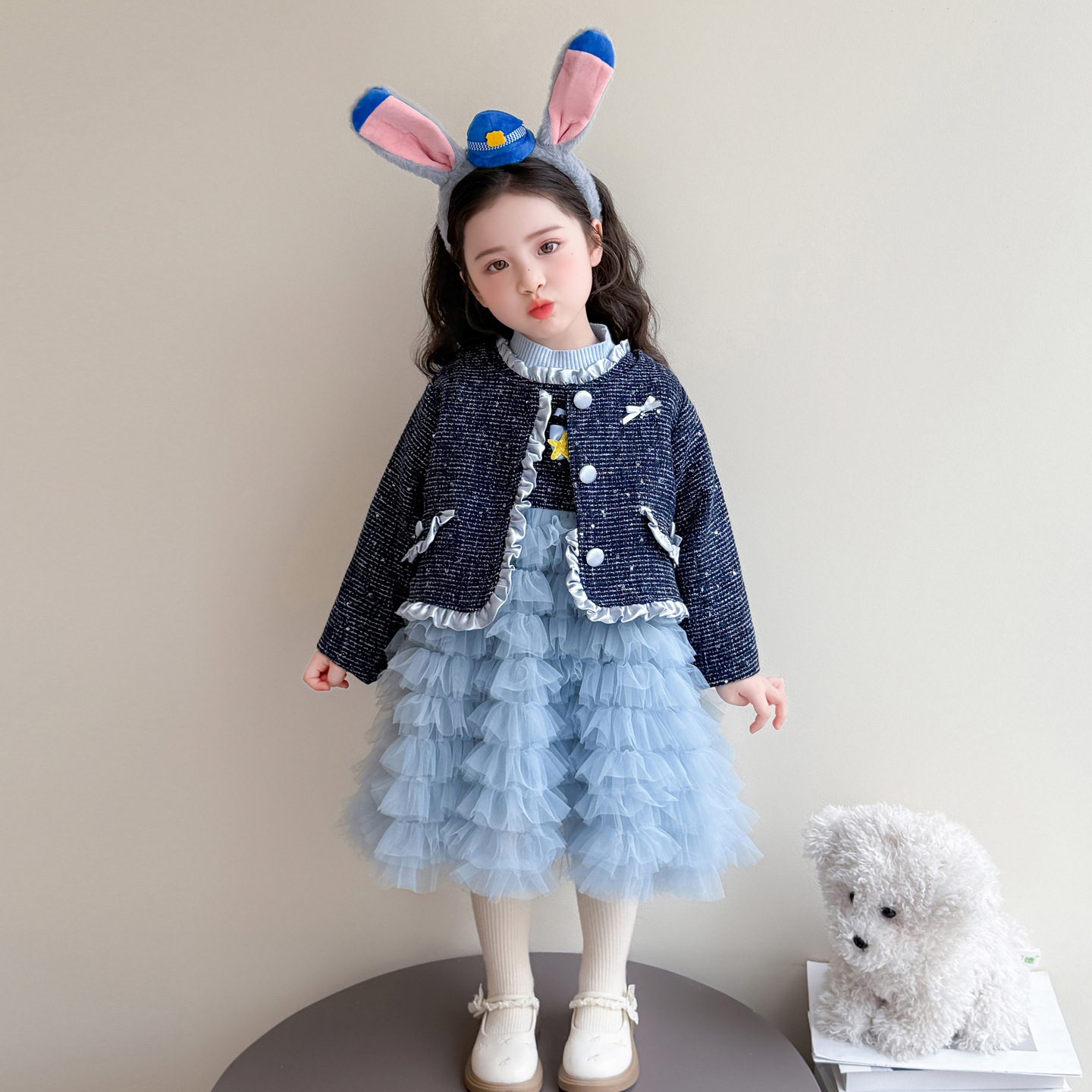 韩版童装2025冬款女童气质小香风外套儿童洋气甜美网纱连衣裙套装