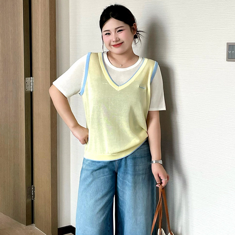 正品23895大码女装撞色假两件上衣女休闲针织衫2026夏胖mm短袖t恤