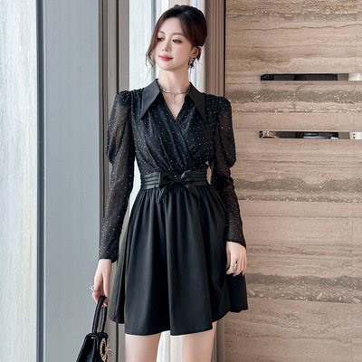 2025秋装新款女装设计感polo领收腰泡泡袖衬衫假两件连衣裙40603