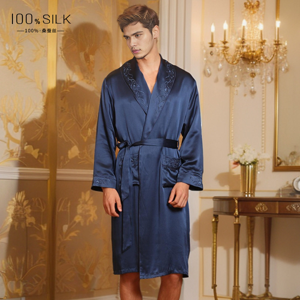 秋冬新款19姆米重磅真丝双层夹袍睡袍桑蚕丝绸外袍中长款家居晨袍
