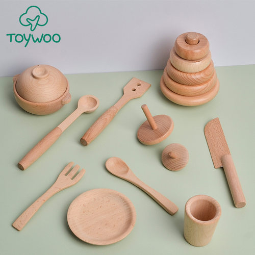 依旺木制过家家厨房玩具原木炒菜玩具榉木餐具平底锅炒锅