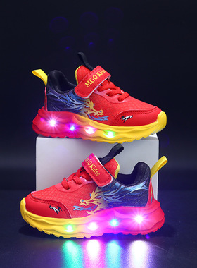 2025春新款儿童运动鞋网面红色ED发光童鞋1-6岁童运动宝宝鞋闪灯3