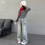 女童2025年冬季新款戴红帽小猫刺绣牛仔裤女大童小俏皮卡通阔腿裤，童装裤子，祺儿童装