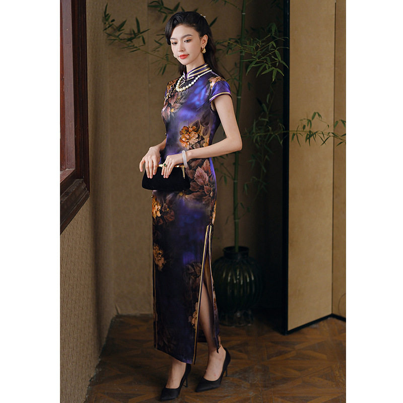 唐之恋紫色桑蚕丝真丝旗袍喜婆婆旗袍