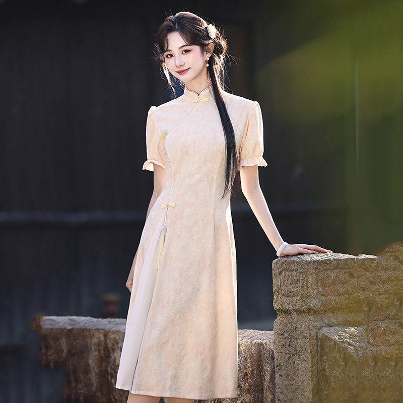 粉色奥黛国风新中式改良旗袍2026新款年轻款女级感连衣裙春夏季,女装/女士精品,旗袍,淘宝优惠券,粉丝福利购,淘宝优惠卷