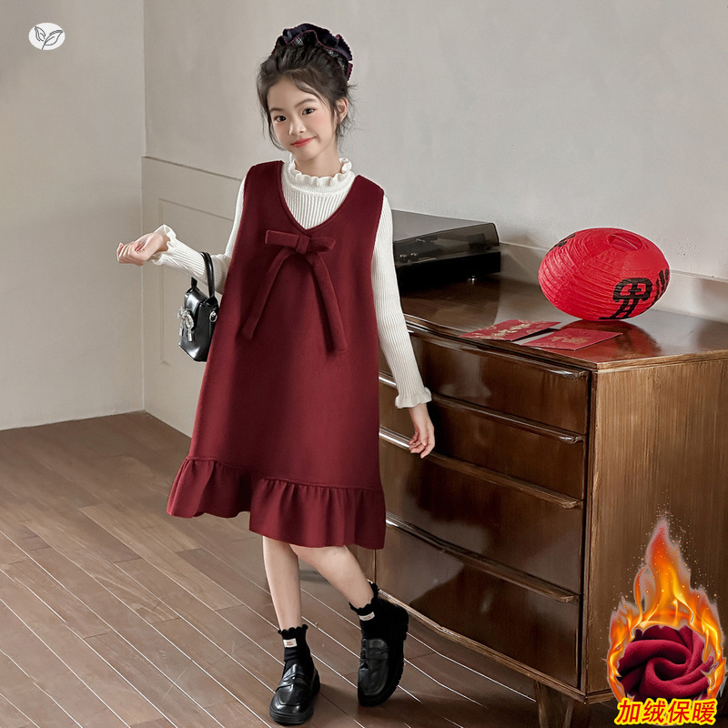 女童2025秋冬新款新春喜气新年红蝴蝶结背心裙下摆木耳边时尚裙子，童装休闲套装，祺儿童装