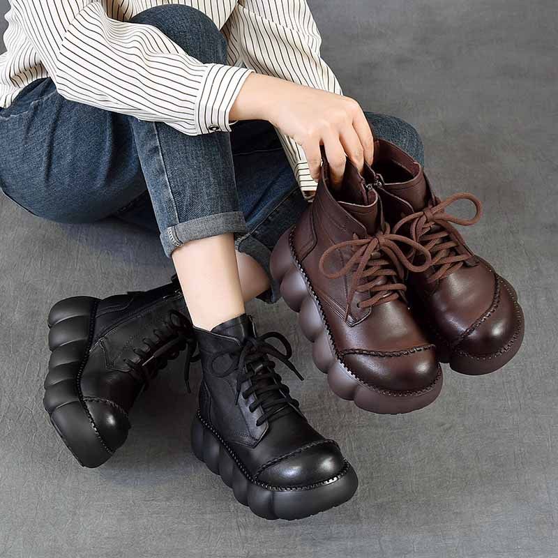 以一秋冬新款松糕厚底复古短靴女头层牛皮圆头系带休闲加绒马丁靴