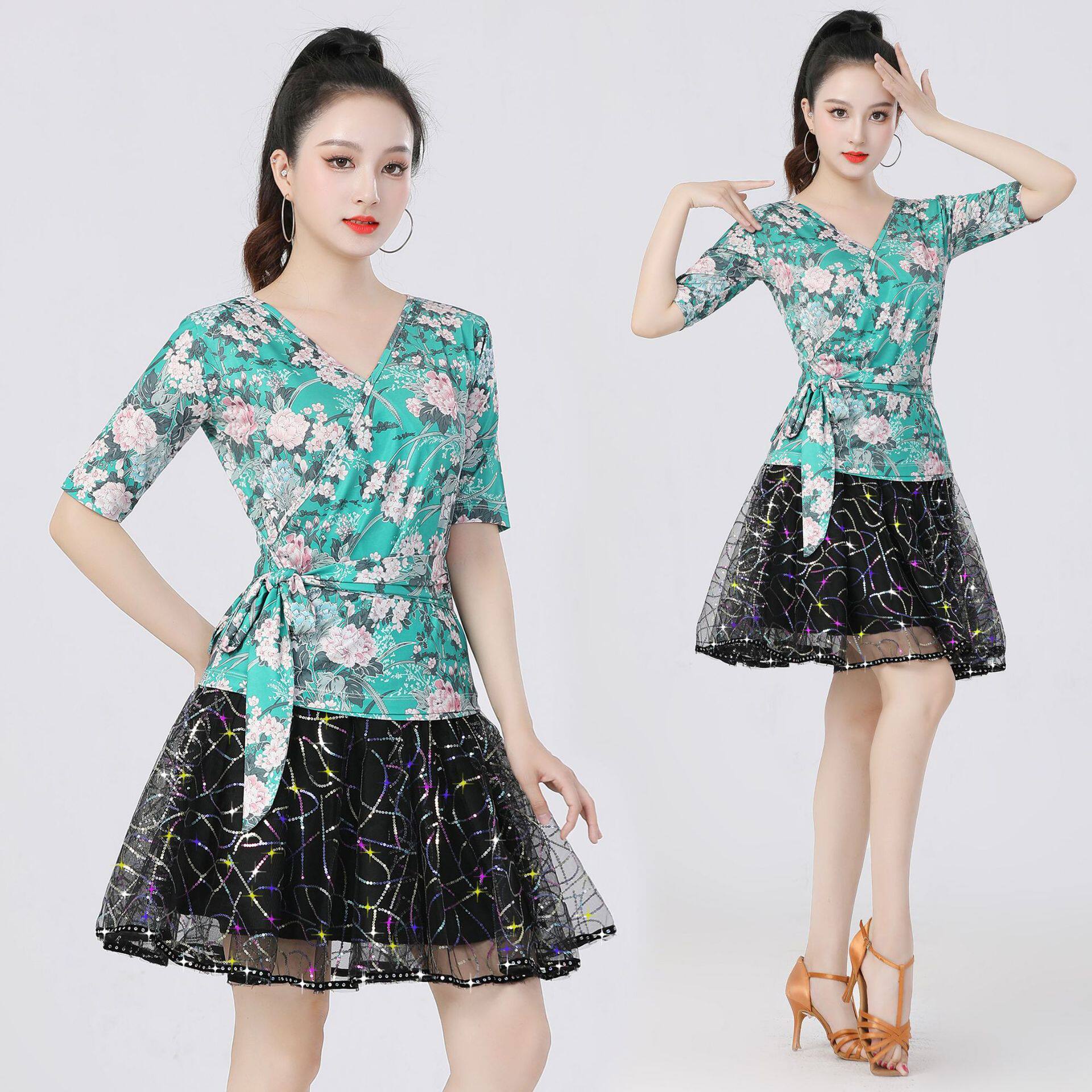 新款春夏广场舞练功服套装冰丝印花碎花练习演出服装大码显瘦