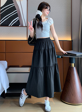 黑色半身裙女夏季2025新款高腰a字显瘦中长款小个子仙仙蛋糕裙子