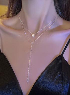 级感长款Y型流苏闪钻项链女小众轻奢双层性感锁骨链精致颈链潮
