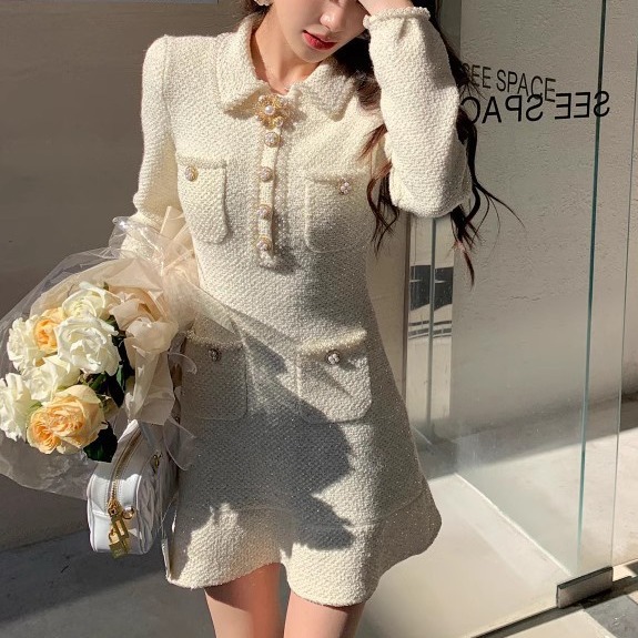 越南小众2025秋冬新款名媛千金小香风粗花呢针织长袖连衣裙子hr