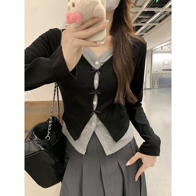 【念妮裳】春季女装假两件拼接撞色蝴蝶结设计感小众修身长袖开衫