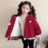 女童连帽加绒棉衣冬季2025新款洋气时髦加厚保暖冬装花边棉服P85，童装棉衣，祺妙童装