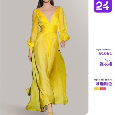 2025年外贸秋冬新款女装时尚亚马逊性感气质深V领纯色礼服连衣裙