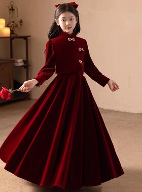 女童礼服秋冬新款红色连衣裙洋气生日公主裙小女孩过年服儿童裙子