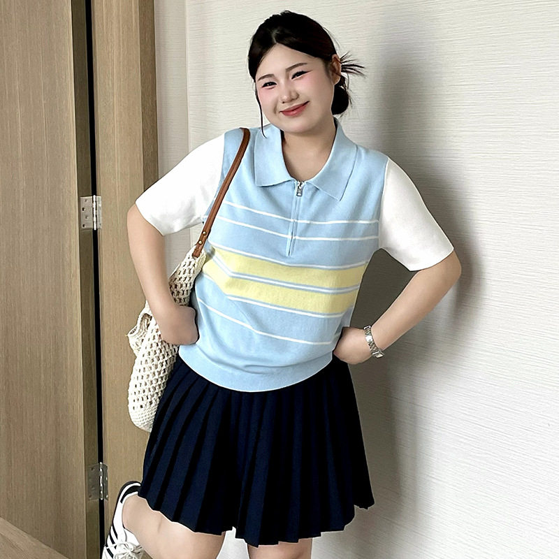 新款23953大码女装休闲polo领上衣女条纹针织衫2026夏胖mm短袖t恤