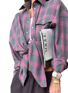 Women Formal Shirt女衬衫复古风宽松春秋冬格子条纹长袖口袋衬衣