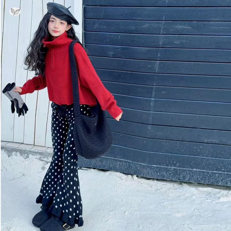 女童2025秋冬新款新年红拉链毛线衣圆点毛线喇叭裤女大童复古穿搭，童装毛衣，祺儿童装