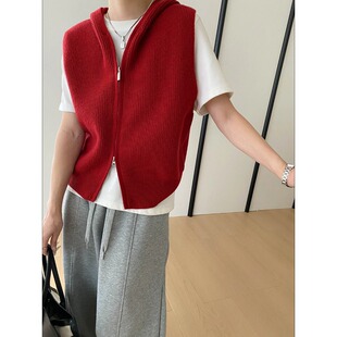 早春新款 休闲时髦双拉链宽松叠穿连帽针织马甲背心女2026春新款