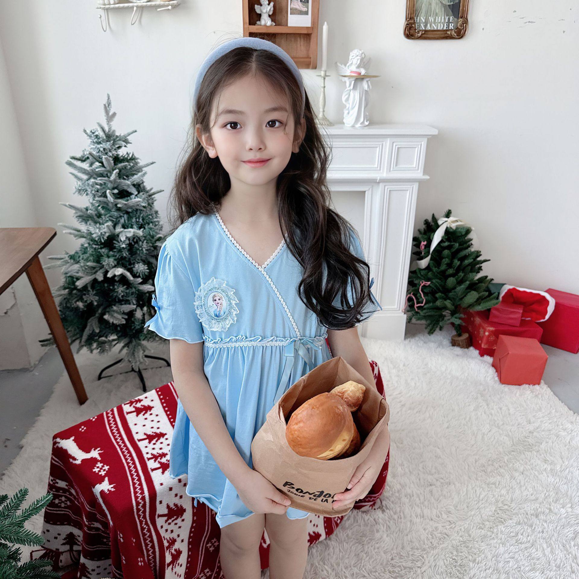 女童纯棉爱莎公主家居服V领短袖冰雪奇缘爱尚家居服睡衣夏季