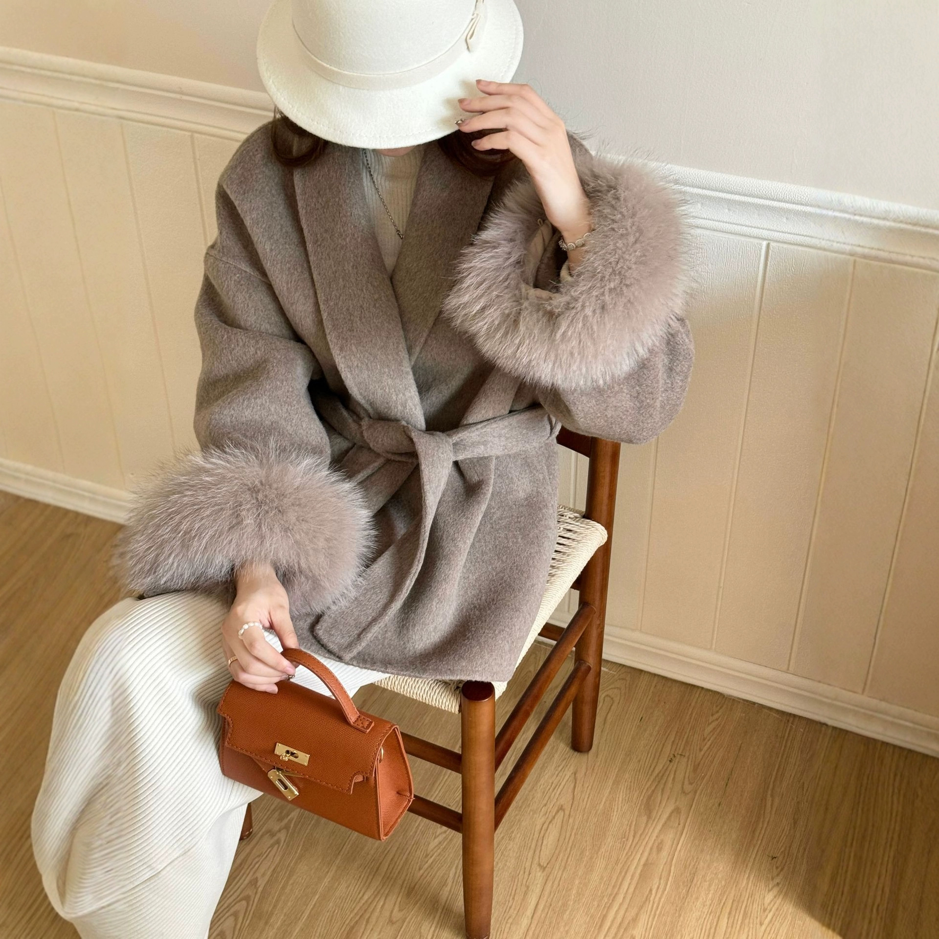 狐狸毛大衣级感系带青果领气质双面羊毛外套毛呢女秋冬新款毛毛